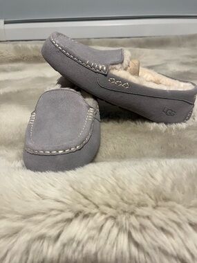 UGG Gray Suede Moccasin Slippers with Cream Shearling